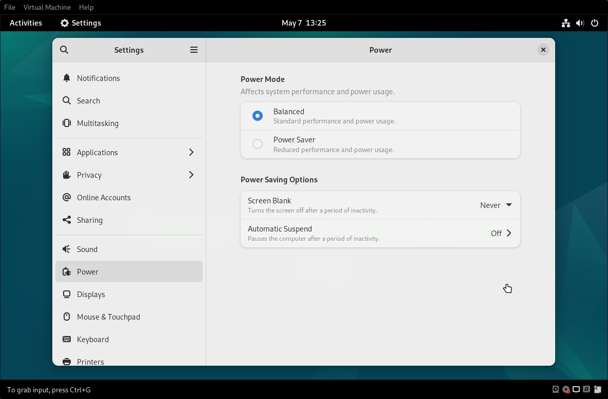 Disable power saving options