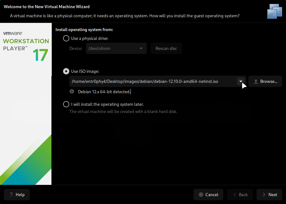 Select debian ISO in VMware